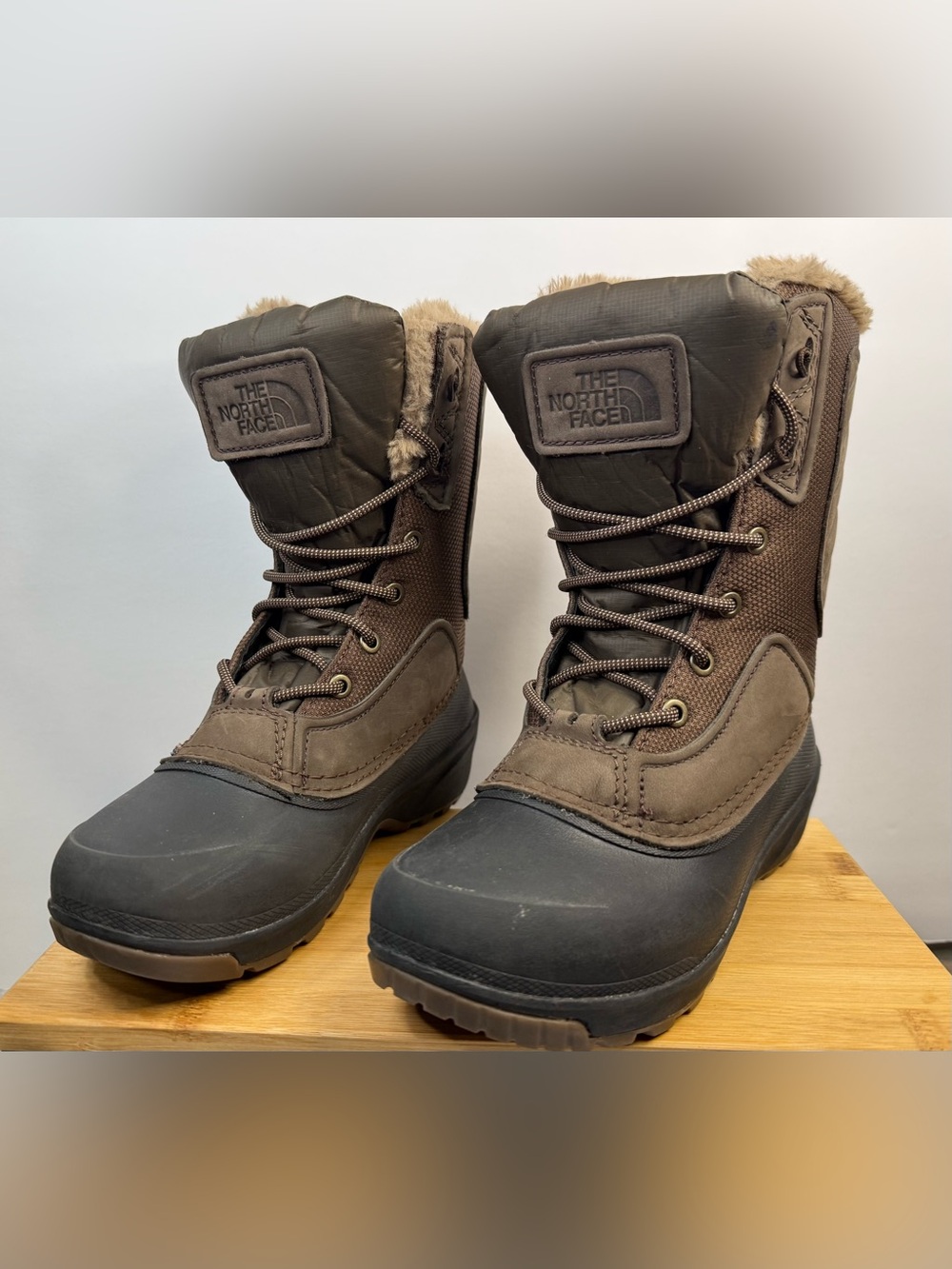 The North Face Brown and Black Waterproof Winter Boots with Faux Fur Collar